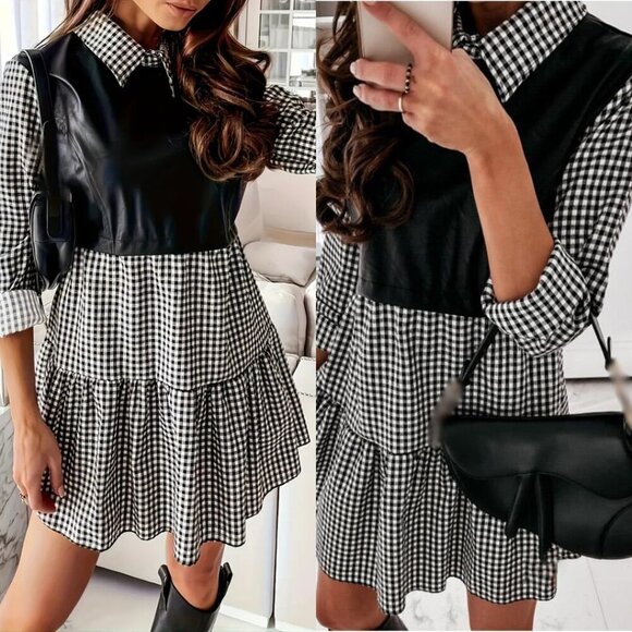 Anthropologie Dresses & Skirts - Gingham Plaid Collared Ruffle Shirt Dress Long Sleeve Black White Small 4
